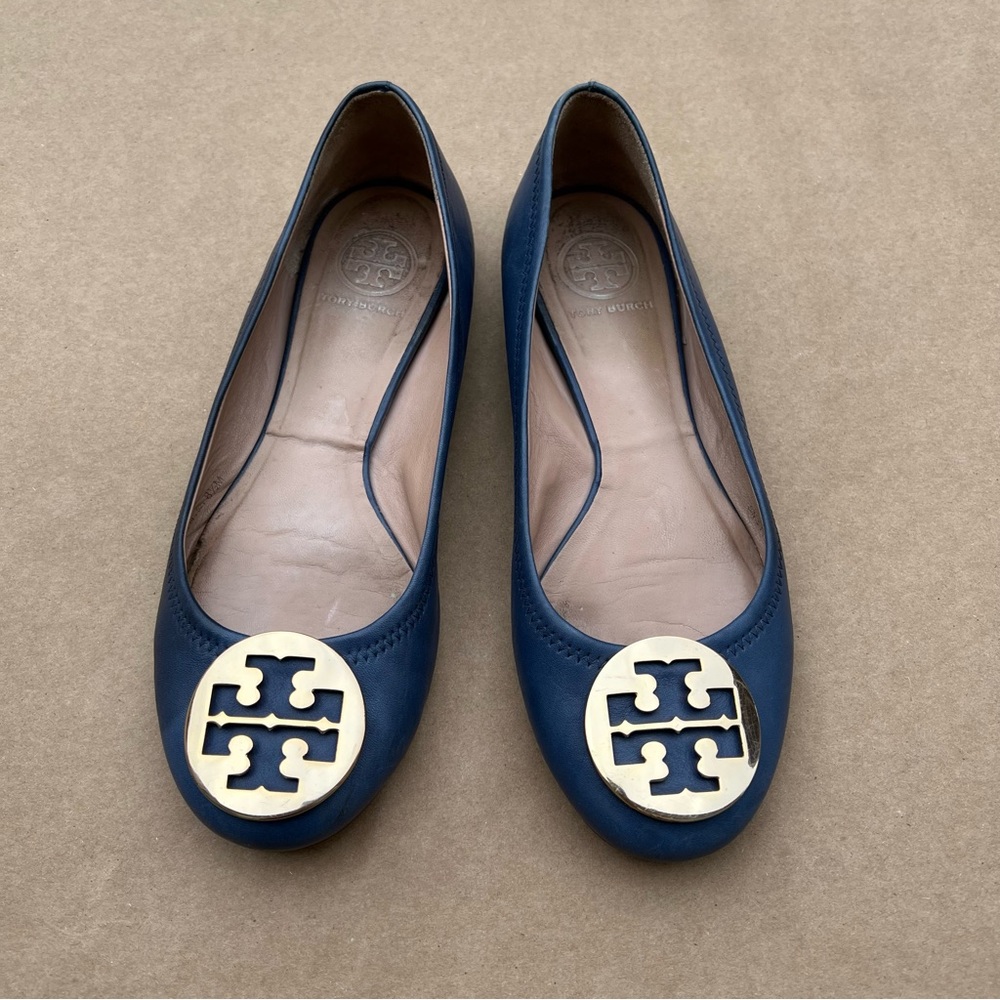 Tory Burch Navy Flats with Gold Logo